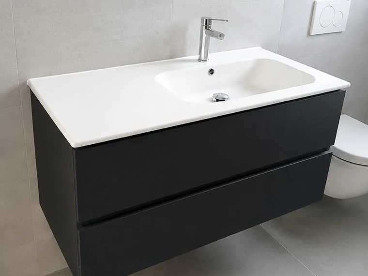 Meuble vasque noir à deux tiroirs avec grande vasque et miroir